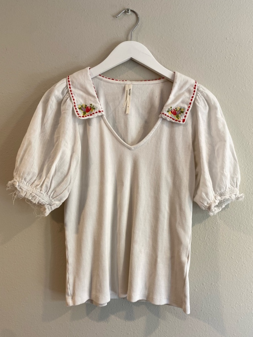Anthropologie Embroidered Peter Pan Collar Ribbed Puff Sleeve Top S Cottagecore